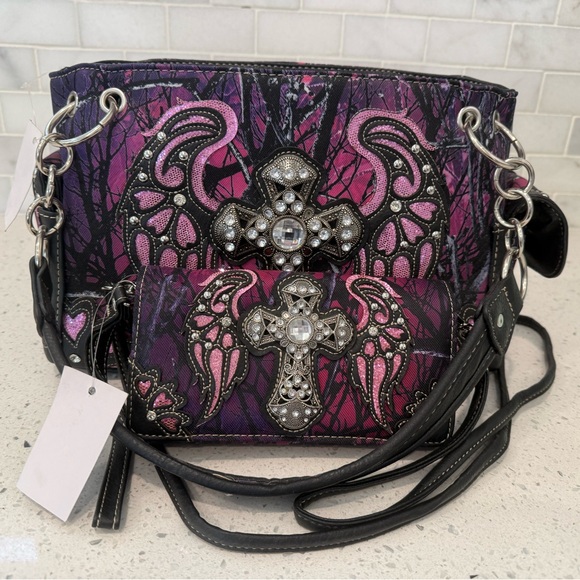 Western origin Handbags - NWT Pink Rhinestone Cross Accent Crossbody Bag and Matching Wallet